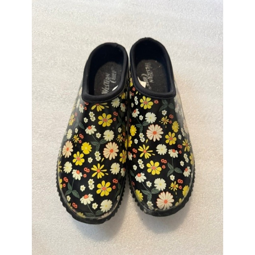 Western Chief Petal Party Garden Clogs Black Floral Rubber Slip On Mules Women 7 - Picture 1 of 7
